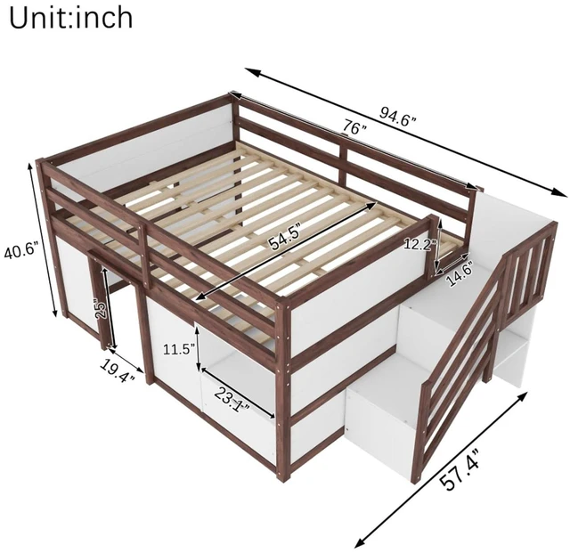 Alt view image 3 of 7 - Twin/Full Size Solid Wood Low Loft Bed Frame with Built-in Stairs and Storage Drawer, Dorm Bed with 7 Colors LED Light and Safety Guardrails for Boys Girls Bedroom Guest Playroom (Full+Walnut & White)