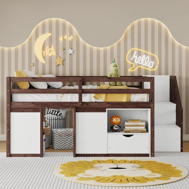 Alt view image 5 of 7 - Twin/Full Size Solid Wood Low Loft Bed Frame with Built-in Stairs and Storage Drawer, Dorm Bed with 7 Colors LED Light and Safety Guardrails for Boys Girls Bedroom Guest Playroom (Full+Walnut & White)
