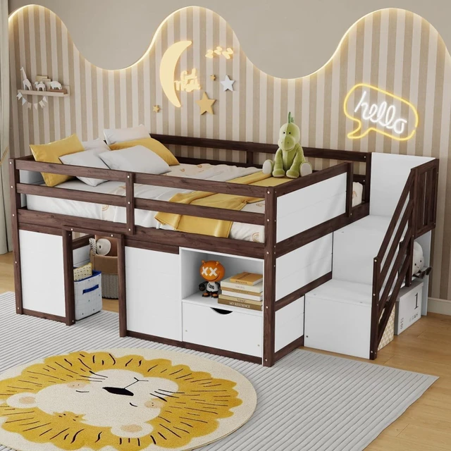 Alt view image 4 of 7 - Twin/Full Size Solid Wood Low Loft Bed Frame with Built-in Stairs and Storage Drawer, Dorm Bed with 7 Colors LED Light and Safety Guardrails for Boys Girls Bedroom Guest Playroom (Full+Walnut & White)