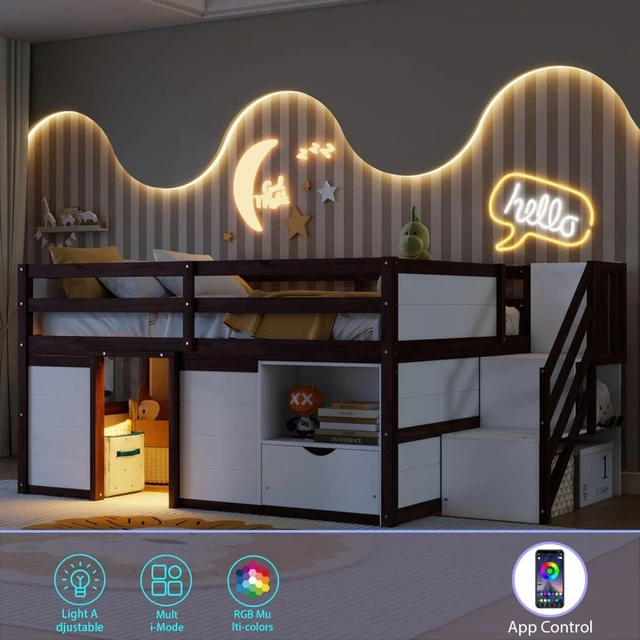 Alt view image 6 of 7 - Twin/Full Size Solid Wood Low Loft Bed Frame with Built-in Stairs and Storage Drawer, Dorm Bed with 7 Colors LED Light and Safety Guardrails for Boys Girls Bedroom Guest Playroom (Full+Walnut & White)