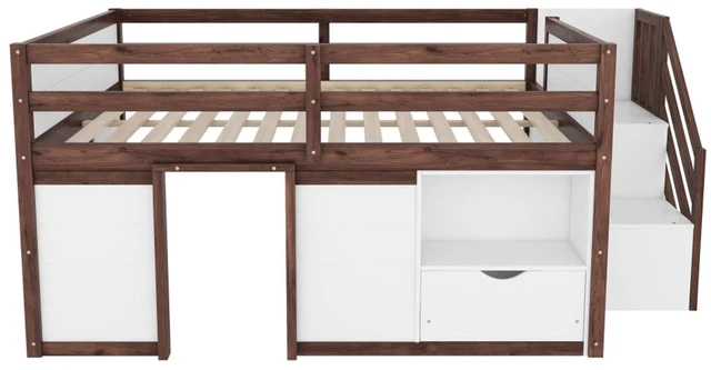 Alt view image 7 of 7 - Twin/Full Size Solid Wood Low Loft Bed Frame with Built-in Stairs and Storage Drawer, Dorm Bed with 7 Colors LED Light and Safety Guardrails for Boys Girls Bedroom Guest Playroom (Full+Walnut & White)