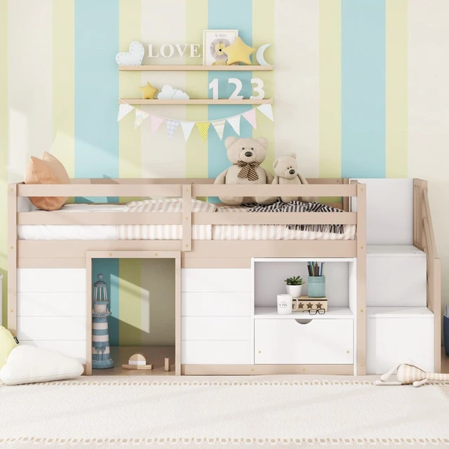 Alt view image 2 of 7 - Twin/Full Size Solid Wood Low Loft Bed Frame with Built-in Stairs and Storage Drawer, Dorm Bed with 7 Colors LED Light and Safety Guardrails for Boys Girls Bedroom Guest Playroom (Twin+Cream& White)