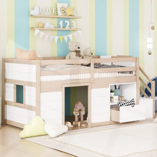 Alt view image 3 of 7 - Twin/Full Size Solid Wood Low Loft Bed Frame with Built-in Stairs and Storage Drawer, Dorm Bed with 7 Colors LED Light and Safety Guardrails for Boys Girls Bedroom Guest Playroom (Twin+Cream& White)