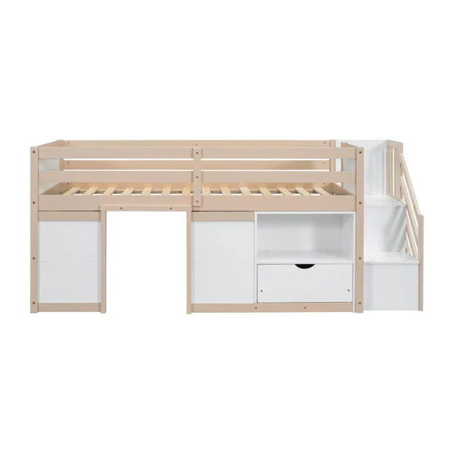 Alt view image 4 of 7 - Twin/Full Size Solid Wood Low Loft Bed Frame with Built-in Stairs and Storage Drawer, Dorm Bed with 7 Colors LED Light and Safety Guardrails for Boys Girls Bedroom Guest Playroom (Twin+Cream& White)