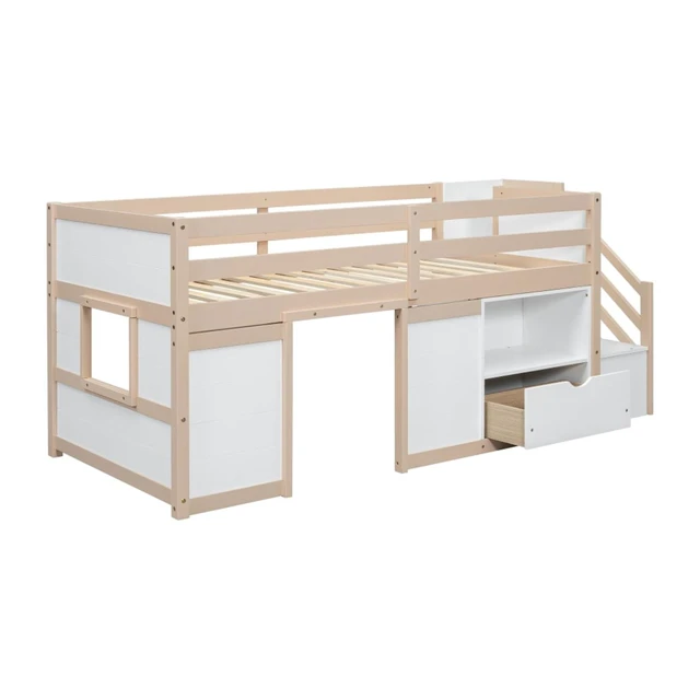 Alt view image 5 of 7 - Twin/Full Size Solid Wood Low Loft Bed Frame with Built-in Stairs and Storage Drawer, Dorm Bed with 7 Colors LED Light and Safety Guardrails for Boys Girls Bedroom Guest Playroom (Twin+Cream& White)