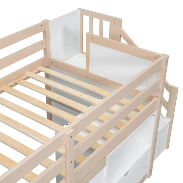 Alt view image 7 of 7 - Twin/Full Size Solid Wood Low Loft Bed Frame with Built-in Stairs and Storage Drawer, Dorm Bed with 7 Colors LED Light and Safety Guardrails for Boys Girls Bedroom Guest Playroom (Twin+Cream& White)