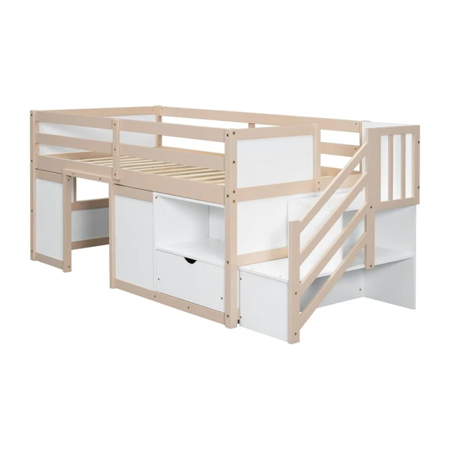 Alt view image 6 of 7 - Twin/Full Size Solid Wood Low Loft Bed Frame with Built-in Stairs and Storage Drawer, Dorm Bed with 7 Colors LED Light and Safety Guardrails for Boys Girls Bedroom Guest Playroom (Twin+Cream& White)