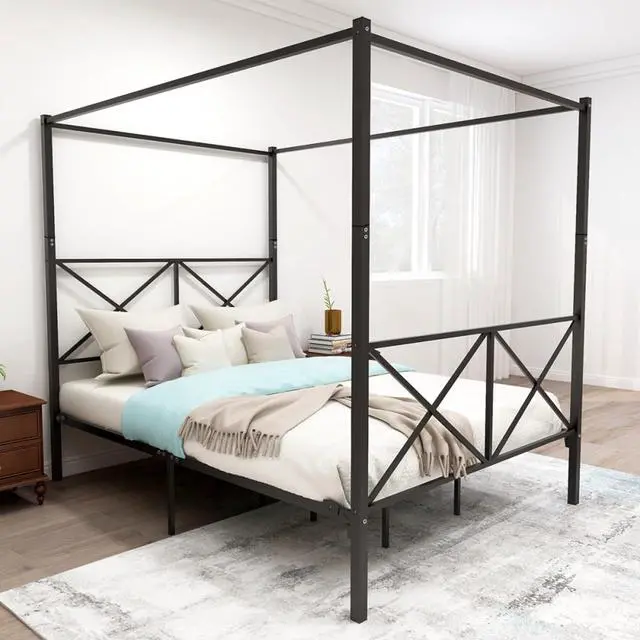 Main image of Hassyee Queen/Full Size Metal Canopy Bed Frame with Headboard & Footboard, 4 Poster Platform Bed with Under-Bed Storage Space and Slat Support for Bedroom Apartment Guest Room (Black Queen)