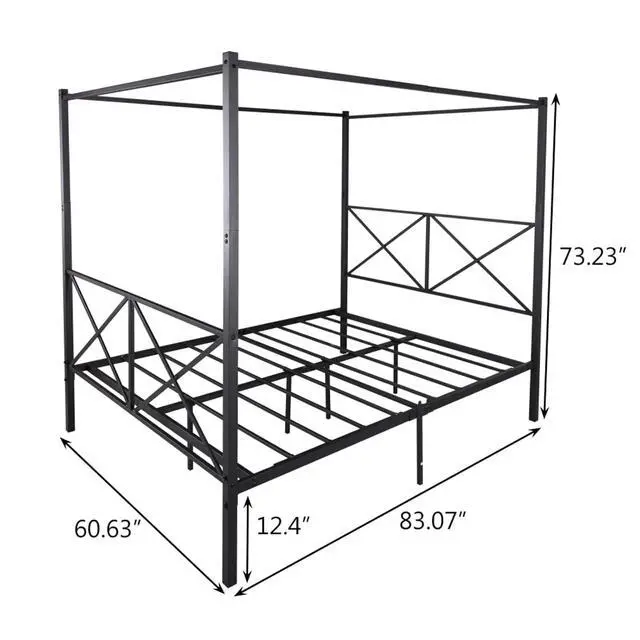 Alt view image 2 of 7 - Hassyee Queen/Full Size Metal Canopy Bed Frame with Headboard & Footboard, 4 Poster Platform Bed with Under-Bed Storage Space and Slat Support for Bedroom Apartment Guest Room (Black Queen)