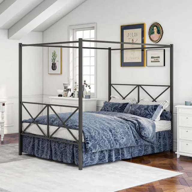 Alt view image 3 of 7 - Hassyee Queen/Full Size Metal Canopy Bed Frame with Headboard & Footboard, 4 Poster Platform Bed with Under-Bed Storage Space and Slat Support for Bedroom Apartment Guest Room (Black Queen)