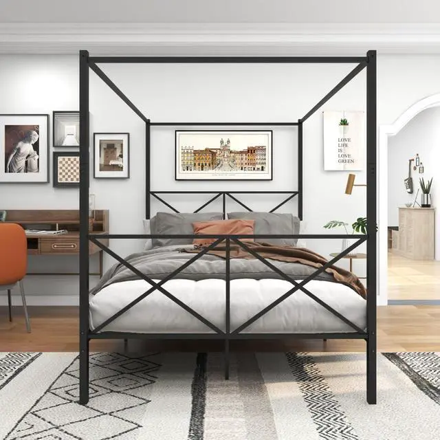 Alt view image 4 of 7 - Hassyee Queen/Full Size Metal Canopy Bed Frame with Headboard & Footboard, 4 Poster Platform Bed with Under-Bed Storage Space and Slat Support for Bedroom Apartment Guest Room (Black Queen)