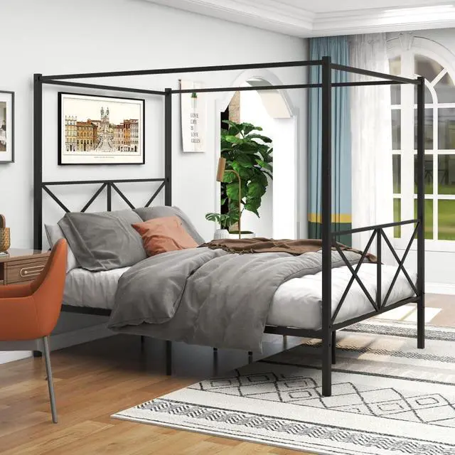 Alt view image 5 of 7 - Hassyee Queen/Full Size Metal Canopy Bed Frame with Headboard & Footboard, 4 Poster Platform Bed with Under-Bed Storage Space and Slat Support for Bedroom Apartment Guest Room (Black Queen)