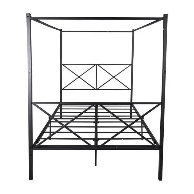 Alt view image 6 of 7 - Hassyee Queen/Full Size Metal Canopy Bed Frame with Headboard & Footboard, 4 Poster Platform Bed with Under-Bed Storage Space and Slat Support for Bedroom Apartment Guest Room (Black Queen)