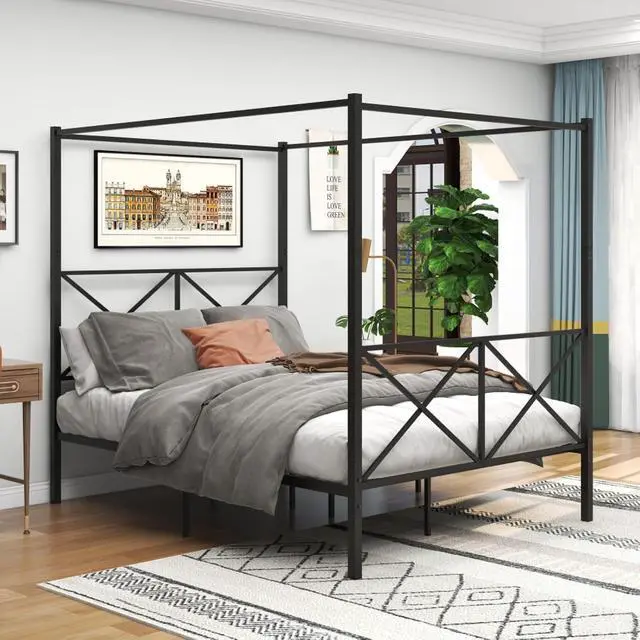Alt view image 7 of 7 - Hassyee Queen/Full Size Metal Canopy Bed Frame with Headboard & Footboard, 4 Poster Platform Bed with Under-Bed Storage Space and Slat Support for Bedroom Apartment Guest Room (Black Queen)