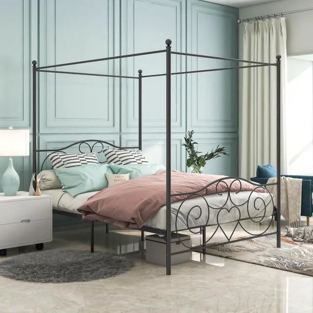 Main image of Hassyee Queen/Full Size Metal Canopy Bed Frame with Headboard & Footboard, 4 Poster Platform Bed with Under-Bed Storage Space and Slat Support for Bedroom Apartment Guest Room (Queen Black)