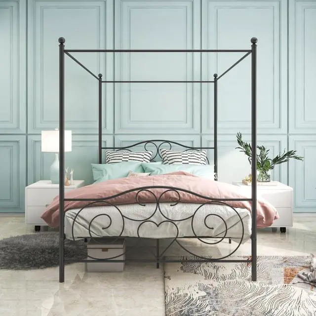 Alt view image 3 of 7 - Hassyee Queen/Full Size Metal Canopy Bed Frame with Headboard & Footboard, 4 Poster Platform Bed with Under-Bed Storage Space and Slat Support for Bedroom Apartment Guest Room (Queen Black)