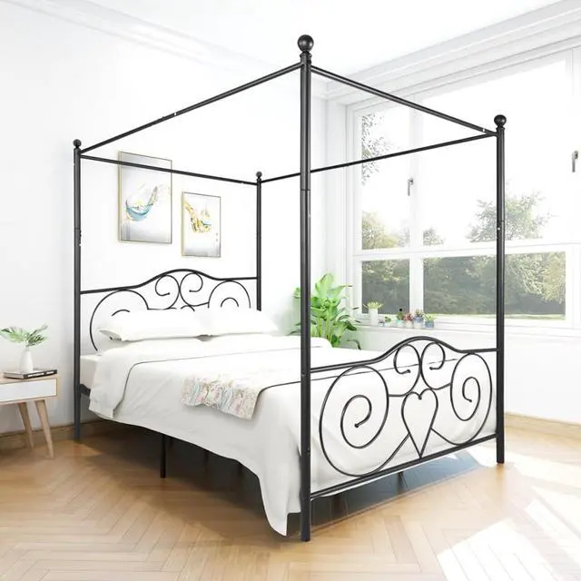 Alt view image 4 of 7 - Hassyee Queen/Full Size Metal Canopy Bed Frame with Headboard & Footboard, 4 Poster Platform Bed with Under-Bed Storage Space and Slat Support for Bedroom Apartment Guest Room (Queen Black)
