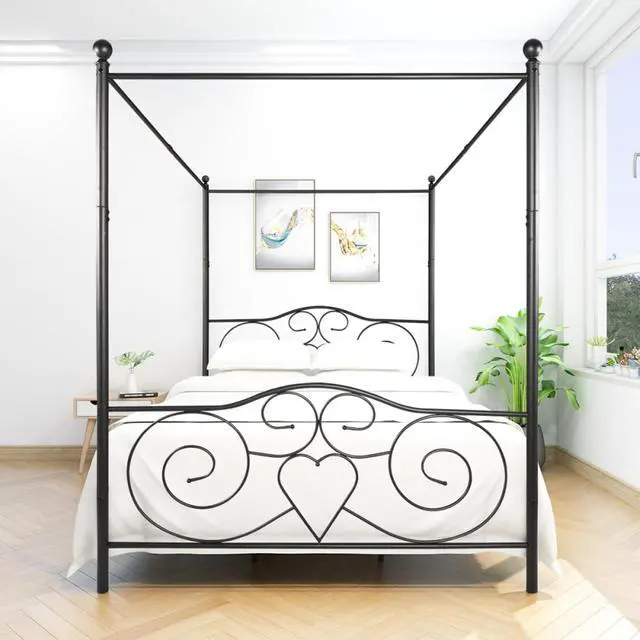 Alt view image 5 of 7 - Hassyee Queen/Full Size Metal Canopy Bed Frame with Headboard & Footboard, 4 Poster Platform Bed with Under-Bed Storage Space and Slat Support for Bedroom Apartment Guest Room (Queen Black)
