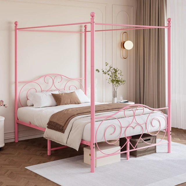 Main image of Hassyee Queen/Full Size Metal Canopy Bed Frame with Headboard & Footboard, 4 Poster Platform Bed with Under-Bed Storage Space and Slat Support for Bedroom Apartment Guest Room (Queen Pink)