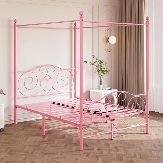 Alt view image 3 of 7 - Hassyee Queen/Full Size Metal Canopy Bed Frame with Headboard & Footboard, 4 Poster Platform Bed with Under-Bed Storage Space and Slat Support for Bedroom Apartment Guest Room (Queen Pink)