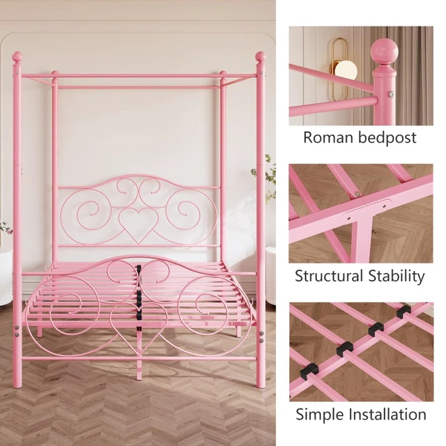 Alt view image 4 of 7 - Hassyee Queen/Full Size Metal Canopy Bed Frame with Headboard & Footboard, 4 Poster Platform Bed with Under-Bed Storage Space and Slat Support for Bedroom Apartment Guest Room (Queen Pink)