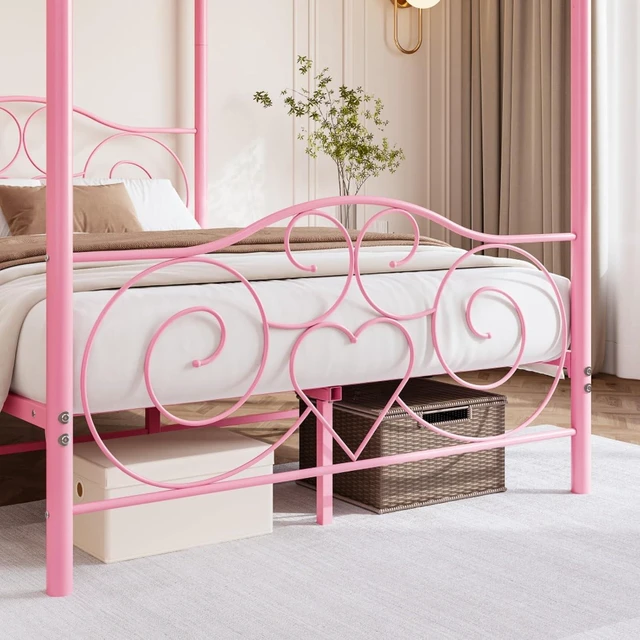 Alt view image 5 of 7 - Hassyee Queen/Full Size Metal Canopy Bed Frame with Headboard & Footboard, 4 Poster Platform Bed with Under-Bed Storage Space and Slat Support for Bedroom Apartment Guest Room (Queen Pink)