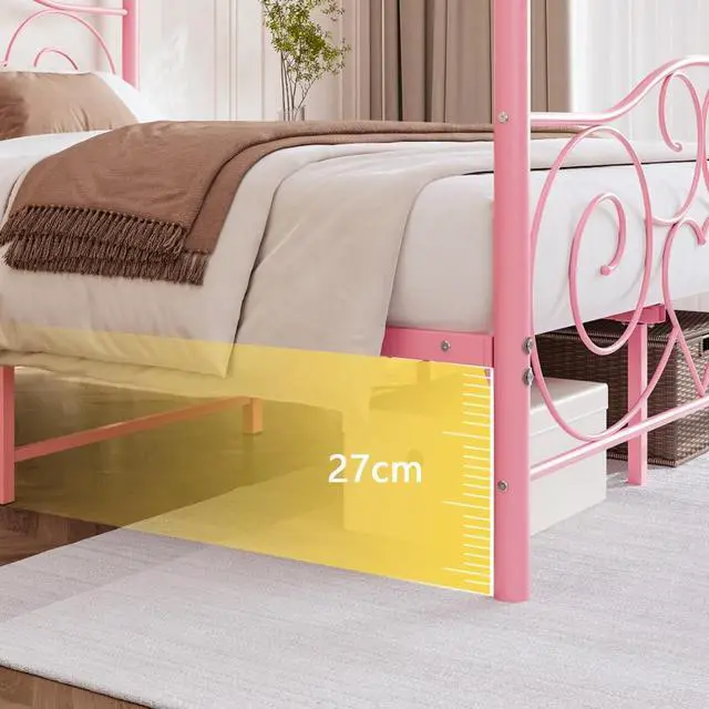Alt view image 6 of 7 - Hassyee Queen/Full Size Metal Canopy Bed Frame with Headboard & Footboard, 4 Poster Platform Bed with Under-Bed Storage Space and Slat Support for Bedroom Apartment Guest Room (Queen Pink)