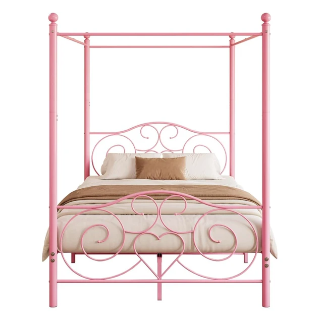 Alt view image 7 of 7 - Hassyee Queen/Full Size Metal Canopy Bed Frame with Headboard & Footboard, 4 Poster Platform Bed with Under-Bed Storage Space and Slat Support for Bedroom Apartment Guest Room (Queen Pink)