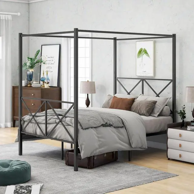 Alt view image 3 of 7 - Hassyee Queen/Full Size Metal Canopy Bed Frame with Headboard & Footboard, 4 Poster Platform Bed with Under-Bed Storage Space and Slat Support for Bedroom Apartment Guest Room (Full Black)
