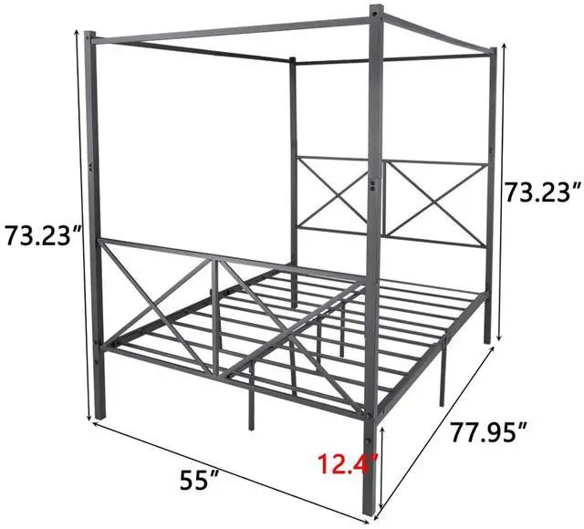 Alt view image 5 of 7 - Hassyee Queen/Full Size Metal Canopy Bed Frame with Headboard & Footboard, 4 Poster Platform Bed with Under-Bed Storage Space and Slat Support for Bedroom Apartment Guest Room (Full Black)