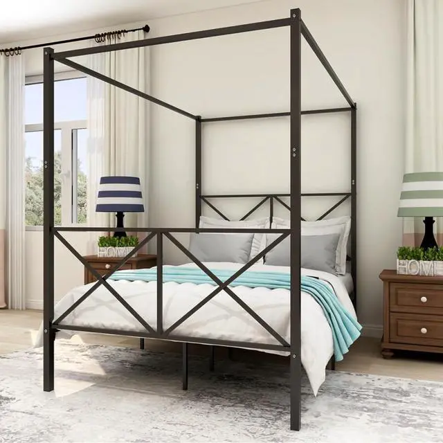 Alt view image 6 of 7 - Hassyee Queen/Full Size Metal Canopy Bed Frame with Headboard & Footboard, 4 Poster Platform Bed with Under-Bed Storage Space and Slat Support for Bedroom Apartment Guest Room (Full Black)