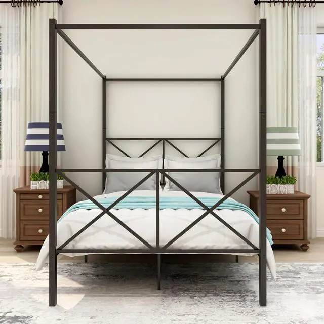 Alt view image 7 of 7 - Hassyee Queen/Full Size Metal Canopy Bed Frame with Headboard & Footboard, 4 Poster Platform Bed with Under-Bed Storage Space and Slat Support for Bedroom Apartment Guest Room (Full Black)