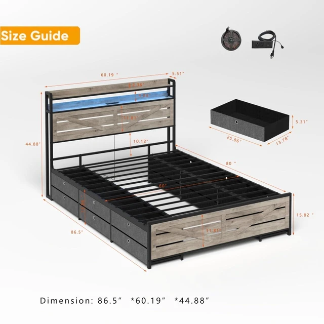 Alt view image 2 of 7 - Queen//Full Size Metal Platform Bed with Storage Headboard and 12 Drawers, Panel Bedframe Mattress Base with LED Lights and Charging Station, for Master Bedroom Guest Room Apartment (Gray Queen)