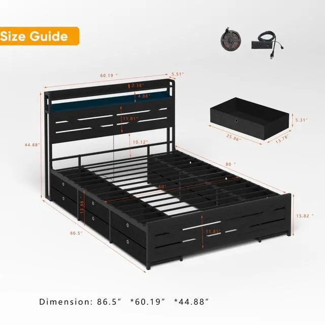 Alt view image 2 of 7 - Wood and Metal Platform Bed Panel Bed Frame w/Storage Headboard, LED,USB& 12 Drawers for Adults, Sturdy LED Bedframe Mattress Base w/Metal Frame &Iron Slats Support for Bedroom Furniture (Black Queen)