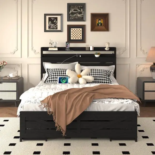 Alt view image 4 of 7 - Wood and Metal Platform Bed Panel Bed Frame w/Storage Headboard, LED,USB& 12 Drawers for Adults, Sturdy LED Bedframe Mattress Base w/Metal Frame &Iron Slats Support for Bedroom Furniture (Black Queen)