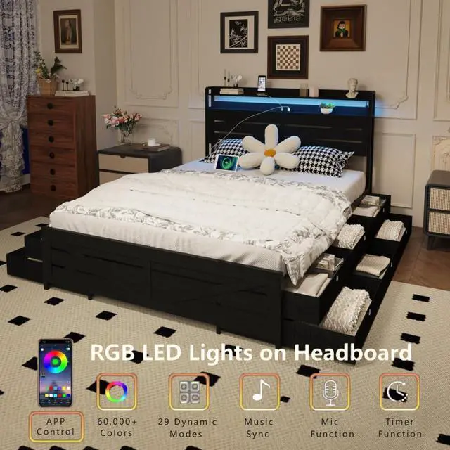 Alt view image 3 of 7 - Wood and Metal Platform Bed Panel Bed Frame w/Storage Headboard, LED,USB& 12 Drawers for Adults, Sturdy LED Bedframe Mattress Base w/Metal Frame &Iron Slats Support for Bedroom Furniture (Black Queen)