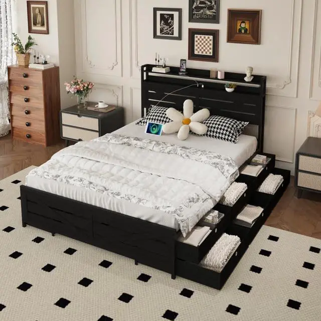 Main image of Queen//Full Size Metal Platform Bed with Storage Headboard and 12 Drawers, Panel Bedframe Mattress Base with LED Lights and Charging Station, for Master Bedroom Guest Room Apartment (Black Full)