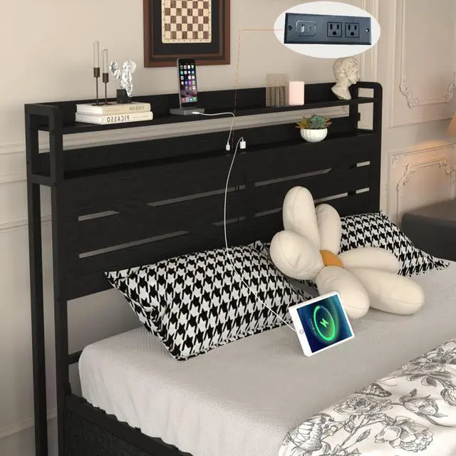 Alt view image 5 of 7 - Wood and Metal Platform Bed Panel Bed Frame w/Storage Headboard, LED,USB& 12 Drawers for Adults, Sturdy LED Bedframe Mattress Base w/Metal Frame &Iron Slats Support for Bedroom Furniture (Black Queen)