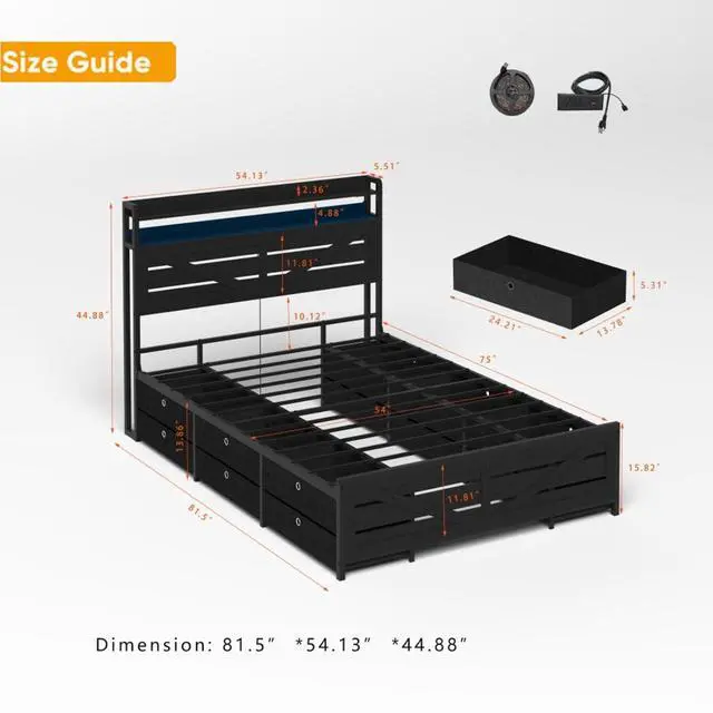 Alt view image 2 of 7 - Queen//Full Size Metal Platform Bed with Storage Headboard and 12 Drawers, Panel Bedframe Mattress Base with LED Lights and Charging Station, for Master Bedroom Guest Room Apartment (Black Full)