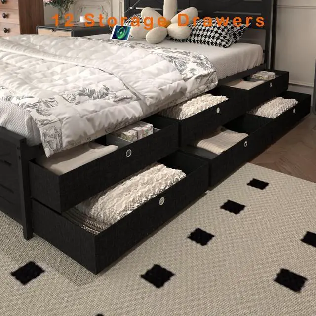 Alt view image 6 of 7 - Wood and Metal Platform Bed Panel Bed Frame w/Storage Headboard, LED,USB& 12 Drawers for Adults, Sturdy LED Bedframe Mattress Base w/Metal Frame &Iron Slats Support for Bedroom Furniture (Black Queen)