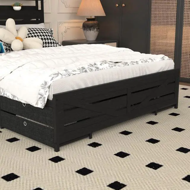 Alt view image 7 of 7 - Wood and Metal Platform Bed Panel Bed Frame w/Storage Headboard, LED,USB& 12 Drawers for Adults, Sturdy LED Bedframe Mattress Base w/Metal Frame &Iron Slats Support for Bedroom Furniture (Black Queen)