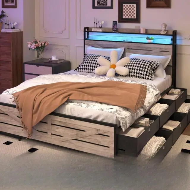 Main image of Queen//Full Size Metal Platform Bed with Storage Headboard and 12 Drawers, Panel Bedframe Mattress Base with LED Lights and Charging Station, for Master Bedroom Guest Room Apartment (Gray Full)
