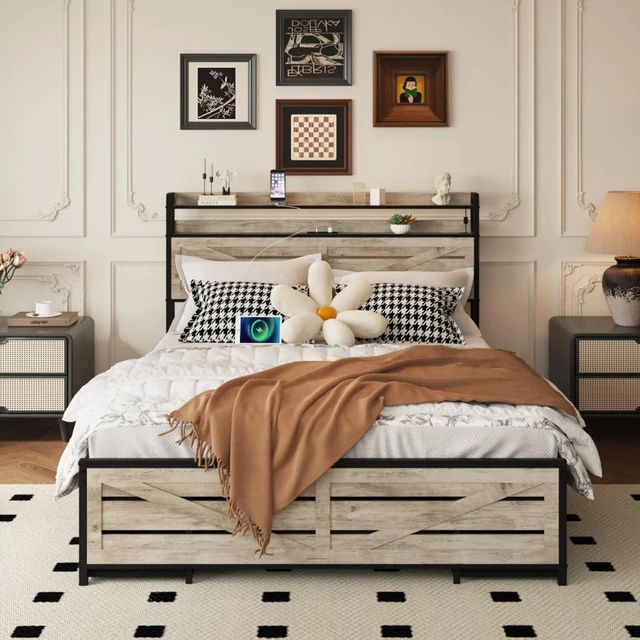 Alt view image 3 of 7 - Queen//Full Size Metal Platform Bed with Storage Headboard and 12 Drawers, Panel Bedframe Mattress Base with LED Lights and Charging Station, for Master Bedroom Guest Room Apartment (Gray Full)