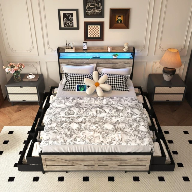 Alt view image 4 of 7 - Queen//Full Size Metal Platform Bed with Storage Headboard and 12 Drawers, Panel Bedframe Mattress Base with LED Lights and Charging Station, for Master Bedroom Guest Room Apartment (Gray Full)