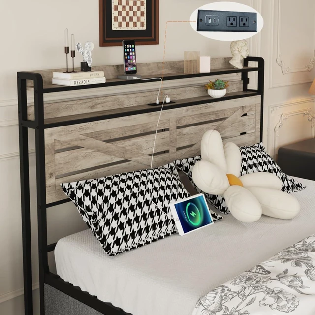 Alt view image 5 of 7 - Queen//Full Size Metal Platform Bed with Storage Headboard and 12 Drawers, Panel Bedframe Mattress Base with LED Lights and Charging Station, for Master Bedroom Guest Room Apartment (Gray Full)