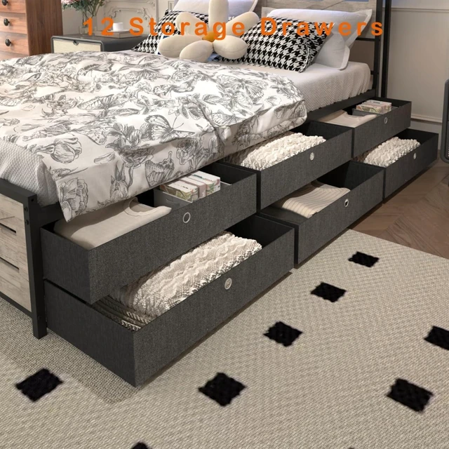 Alt view image 7 of 7 - Queen//Full Size Metal Platform Bed with Storage Headboard and 12 Drawers, Panel Bedframe Mattress Base with LED Lights and Charging Station, for Master Bedroom Guest Room Apartment (Gray Full)
