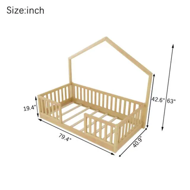 Alt view image 2 of 7 - Hassyee Twin/Full Size Montessori Bed with LED Light and Safety Guardrail, House Floor Bed with Wooden Slats Support for Boys Girls Bedroom Playroom, No Box Spring Needed (Natural Twin)