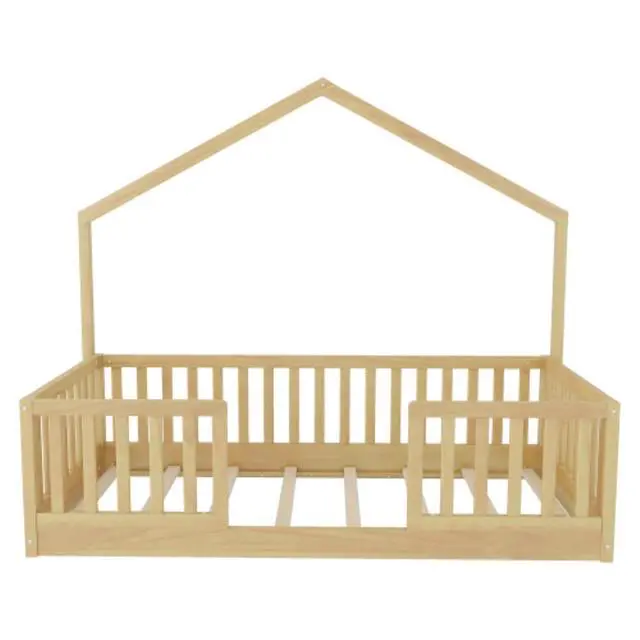 Alt view image 5 of 7 - Hassyee Twin/Full Size Montessori Bed with LED Light and Safety Guardrail, House Floor Bed with Wooden Slats Support for Boys Girls Bedroom Playroom, No Box Spring Needed (Natural Twin)