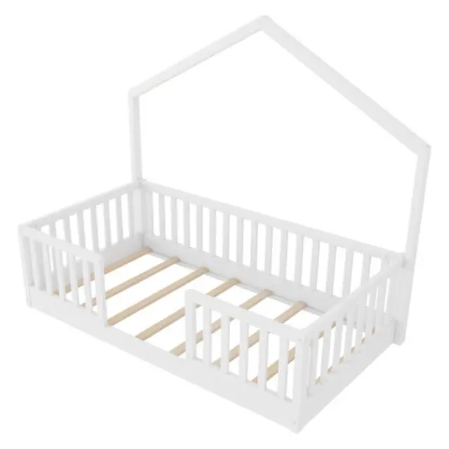 Alt view image 6 of 7 - Hassyee Twin/Full Size Montessori Bed with LED Light and Safety Guardrail, House Floor Bed with Wooden Slats Support for Boys Girls Bedroom Playroom, No Box Spring Needed (Natural Twin)
