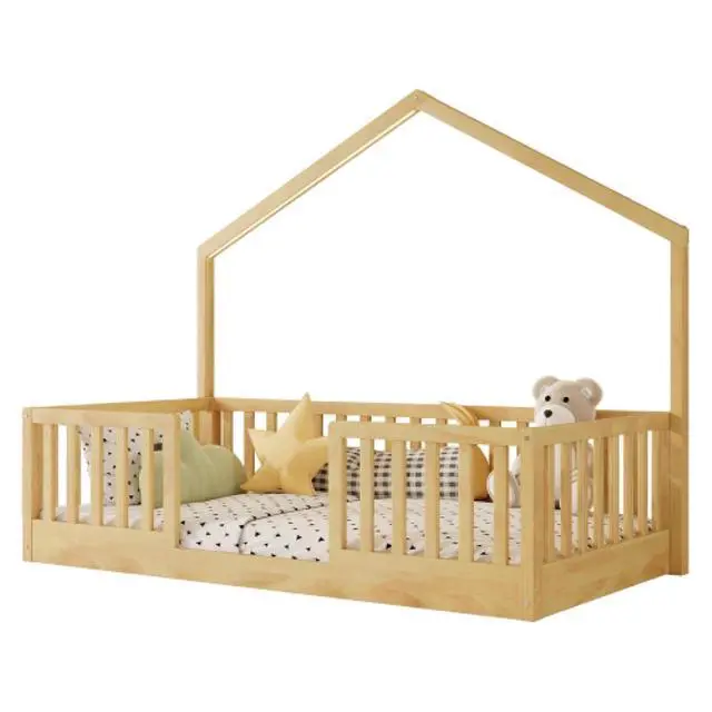 Alt view image 7 of 7 - Hassyee Twin/Full Size Montessori Bed with LED Light and Safety Guardrail, House Floor Bed with Wooden Slats Support for Boys Girls Bedroom Playroom, No Box Spring Needed (Natural Twin)